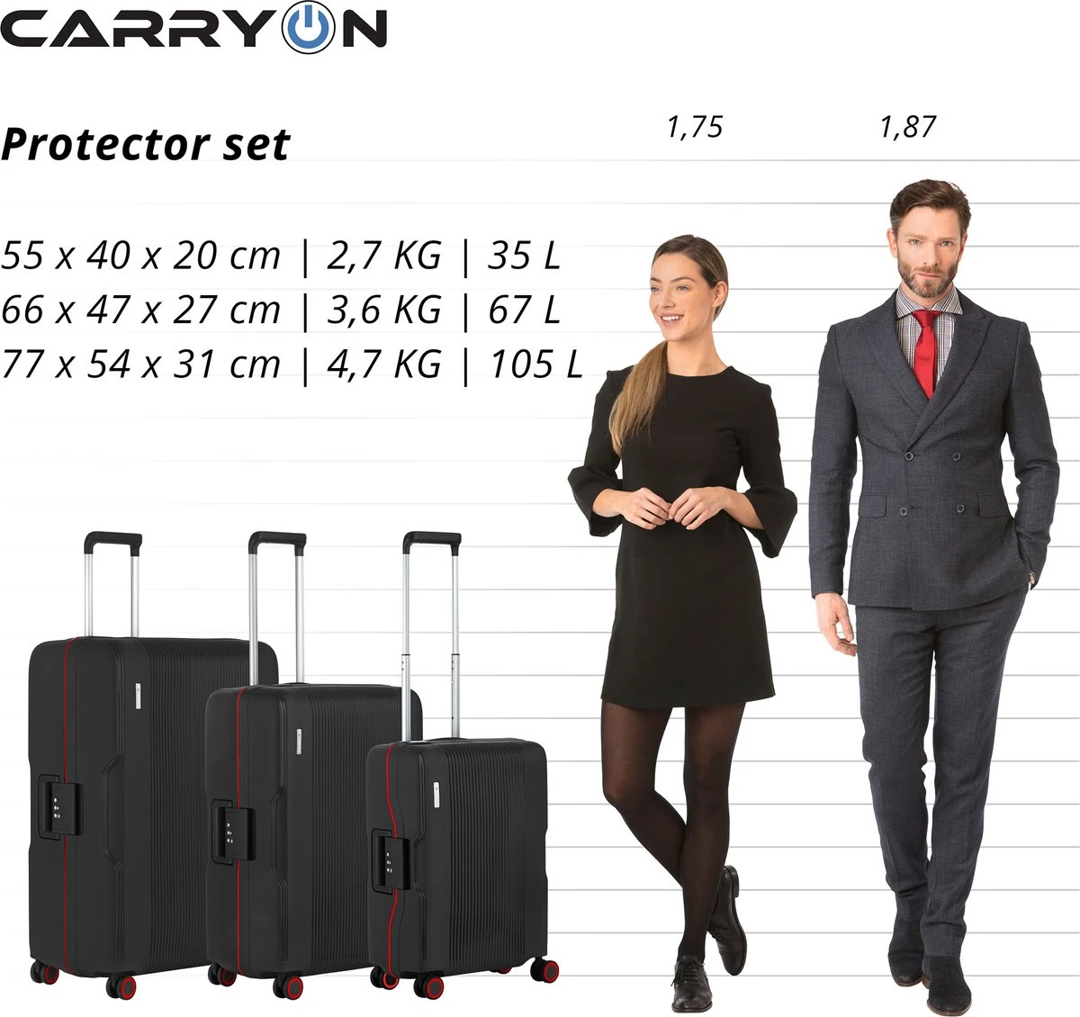 CarryOn Protector Luxe 3-delige Kofferset - Trolleyset Met TSA-kliksloten - Zwart 8 CarryOn Protector Luxe 3-delige Kofferset - Trolleyset Met TSA-kliksloten - Zwart - Afbeelding 6