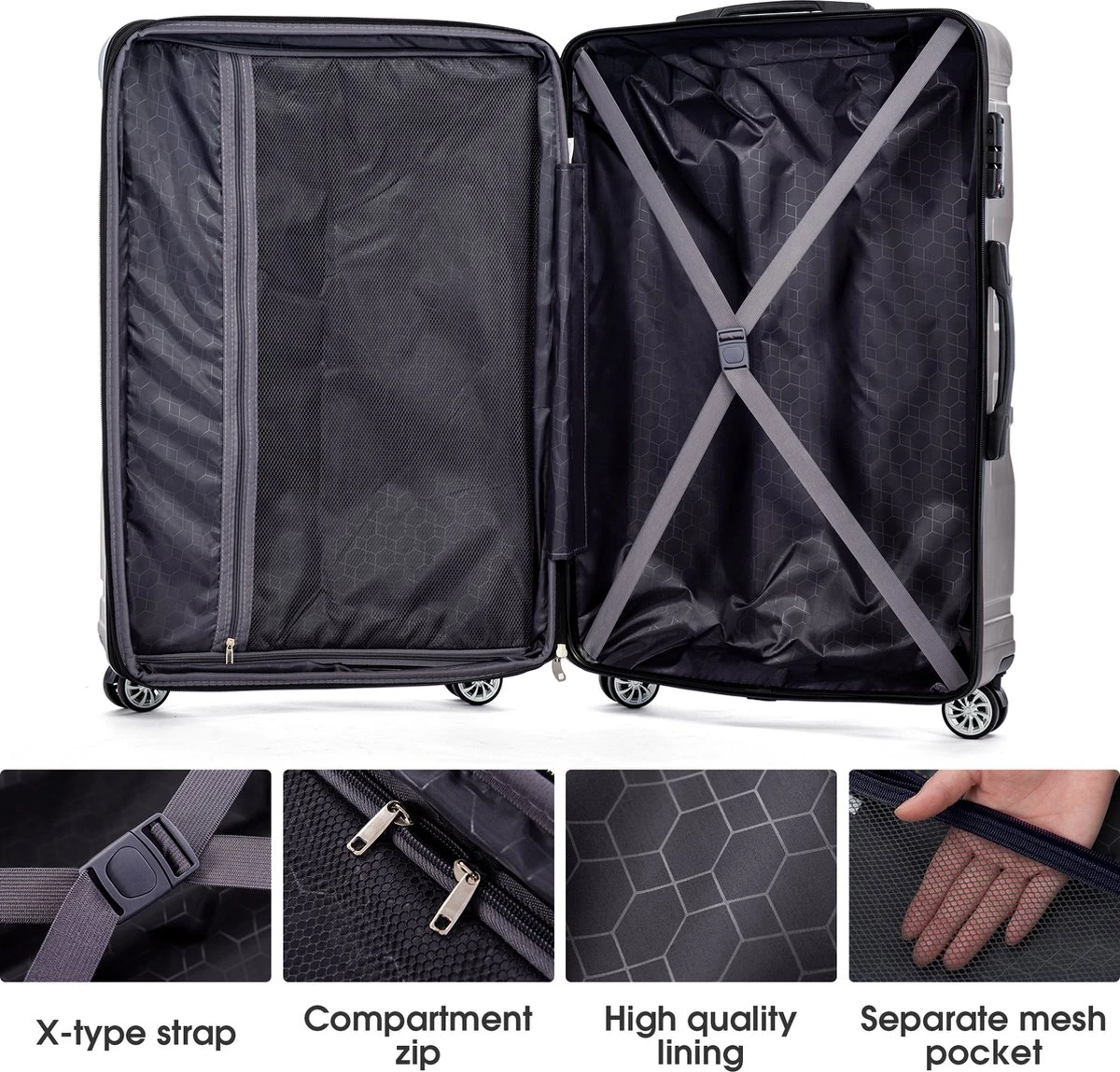 Merax 3-delig Kofferset Met TSA Slot - Trolleyset ABS 40L, 70L & 110 Liter - Grijs 4 Merax 3-delig Kofferset Met TSA Slot - Trolleyset ABS 40L, 70L & 110 Liter - Grijs - Afbeelding 2