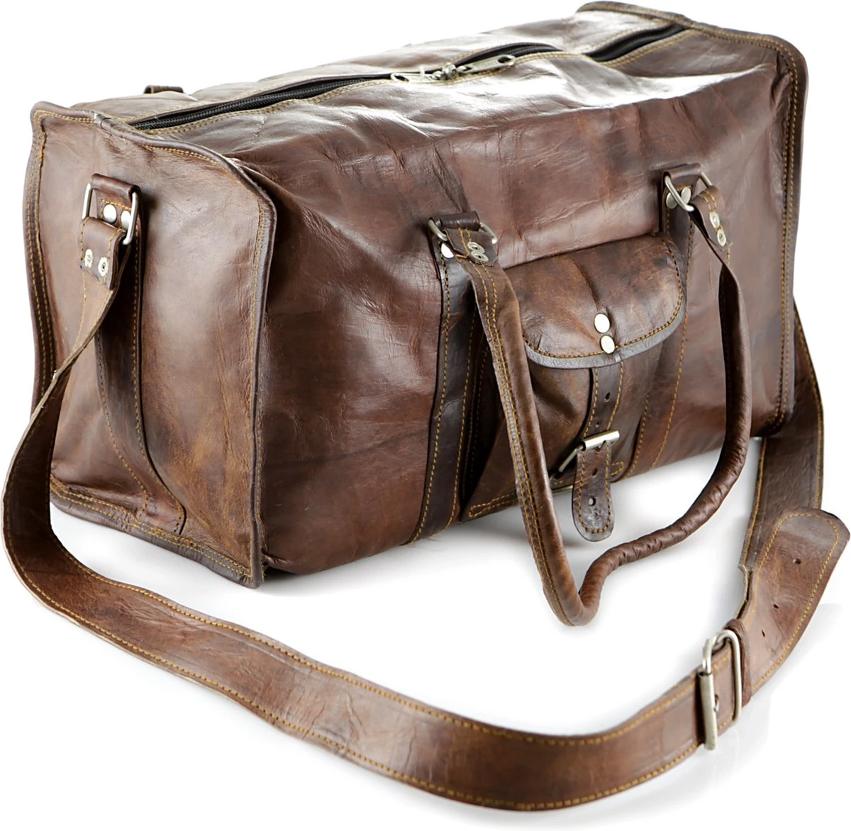 Duffeltas Weekendtas 50 X 24 X 24 Cm - Echte Leder - Cognac Bruin Leder – Reistas - Sporttas 3 Duffeltas Weekendtas 50 X 24 X 24 Cm - Echte Leder - Cognac Bruin Leder – Reistas - Sporttas