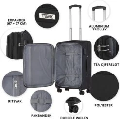 TravelZ Softspinner TSA Kofferset - 3-delige Zachte Trolleyset - Dubbele Wielen En Voorvakken Zwart -Bagage24 Winkel 1200x1193