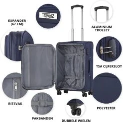 Travelz Softspinner TSA Reiskoffer 67cm - Zachte Reiskoffer Met Expander - Blauw -Bagage24 Winkel 1200x1194 4