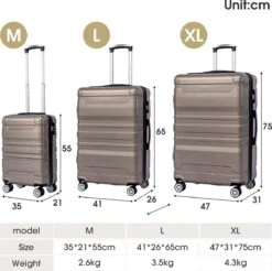 Merax 3-delig Kofferset Met TSA Slot - Trolleyset ABS 40L, 70L & 110 Liter - Goud -Bagage24 Winkel 1200x1195