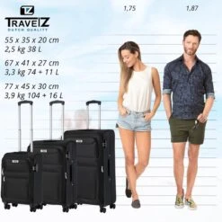 TravelZ Softspinner TSA Kofferset - 3-delige Zachte Trolleyset - Dubbele Wielen En Voorvakken Zwart -Bagage24 Winkel 1200x1199