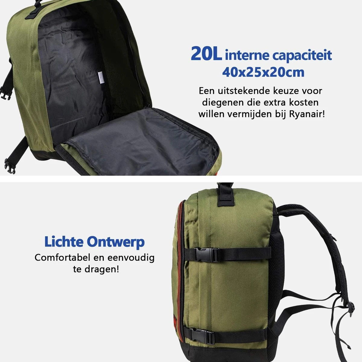 CabinMax Metz Reistas – Handbagage 20L – Rugzak – Schooltas - 40x25x20 Cm – Compact Backpack – Lichtgewicht – Khaki 18 CabinMax Metz Reistas – Handbagage 20L – Rugzak – Schooltas - 40x25x20 Cm – Compact Backpack – Lichtgewicht – Khaki - Afbeelding 16