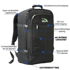 CabinMax Metz Reistas– Handbagage 44L- Rugzak – Schooltas - Backpack 55x40x20cm – Lichtgewicht - Zwart (MZ BK) -Bagage24 Winkel 1200x1200 800