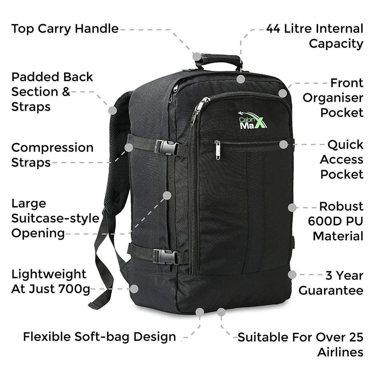 CabinMax Metz Reistas– Handbagage 44L- Rugzak – Schooltas - Backpack 55x40x20cm – Lichtgewicht - Zwart Nocturna (MZ SP-NA) 6 CabinMax Metz Reistas– Handbagage 44L- Rugzak – Schooltas - Backpack 55x40x20cm – Lichtgewicht - Zwart Nocturna (MZ SP-NA) - Afbeelding 4