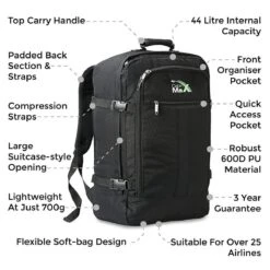 CabinMax Metz Reistas– Handbagage 44L- Rugzak – Schooltas - Backpack 55x40x20cm – Lichtgewicht - Zwart (MZ BK/RD) -Bagage24 Winkel 1200x1200 844