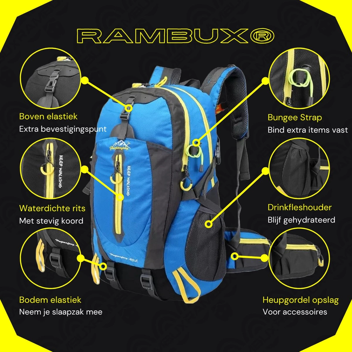 RAMBUX® - Backpack - Wandelrugzak - Licht Blauw - Rugzak - Reistas - 40 Liter 4 RAMBUX® - Backpack - Wandelrugzak - Licht Blauw - Rugzak - Reistas - 40 Liter - Afbeelding 2