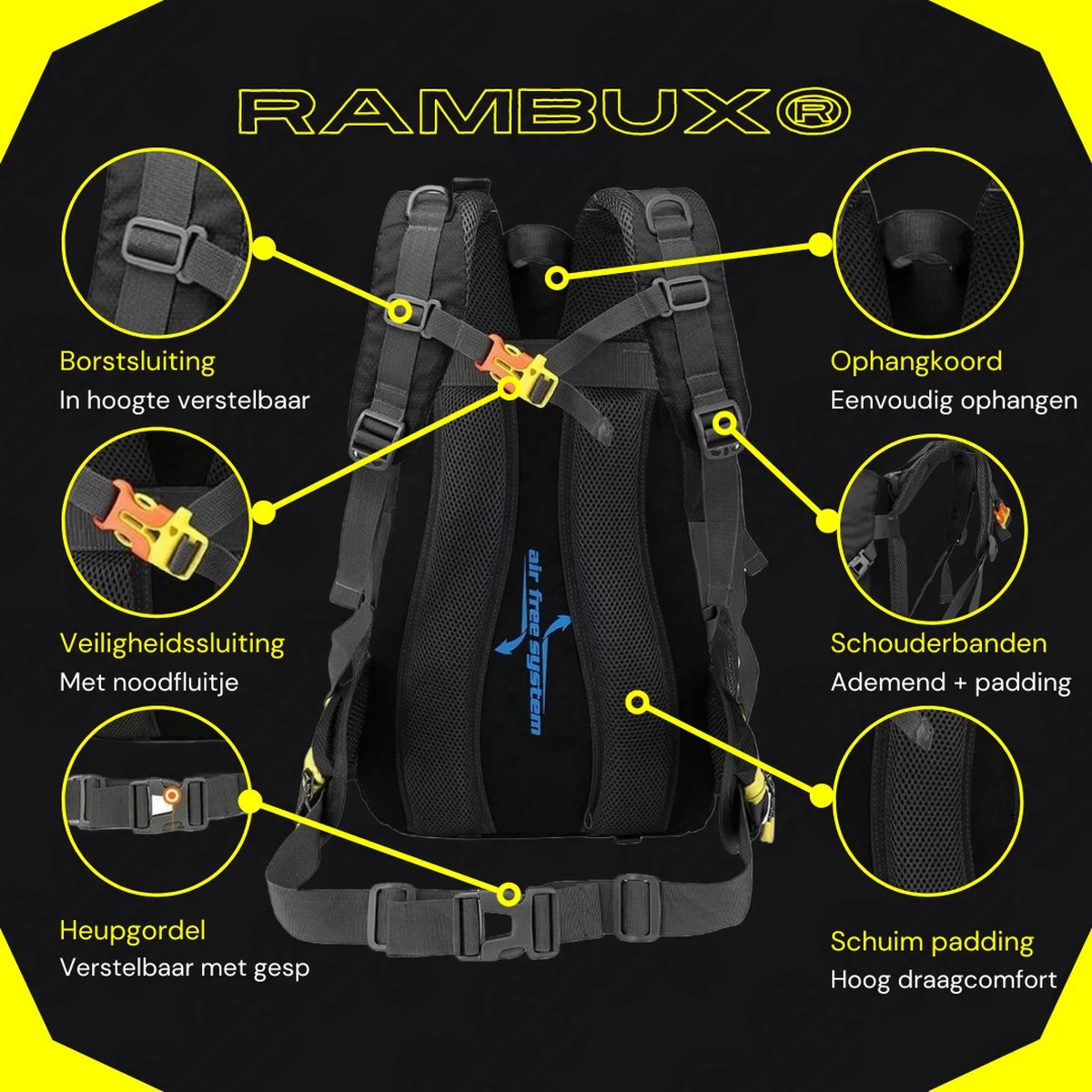 RAMBUX® - Backpack - Wandelrugzak - Licht Blauw - Rugzak - Reistas - 40 Liter 6 RAMBUX® - Backpack - Wandelrugzak - Licht Blauw - Rugzak - Reistas - 40 Liter - Afbeelding 4